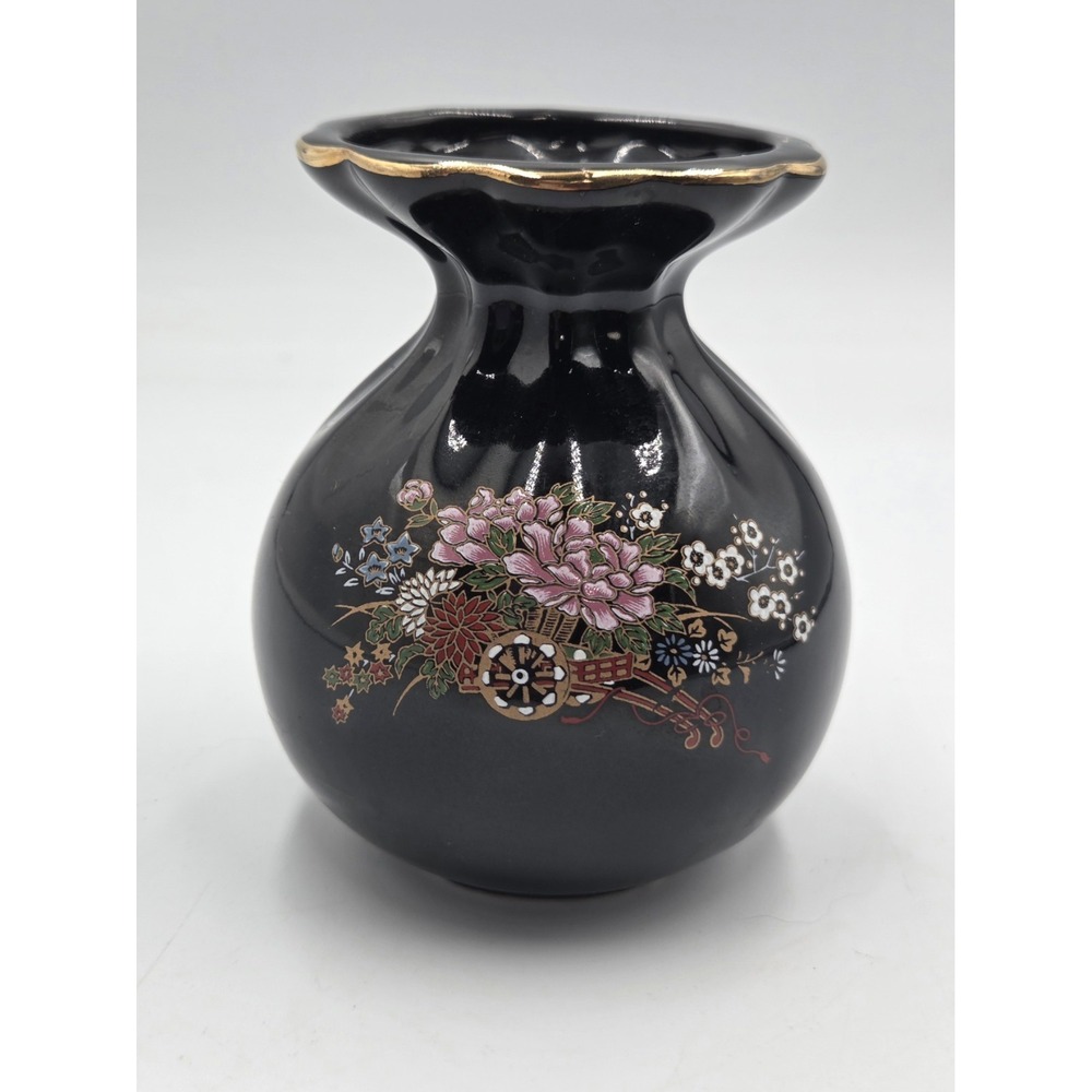 Price Products Ceramic Black With Gold Trim Floral Vase Hand Painted Taiwan 5"
